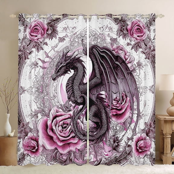 Erosebridal Teens Magical Dragon Black Out Curtains,Boys Girls Chic Floral Roses Curtains Pack of 2 (42x63 Each),Black Pink
