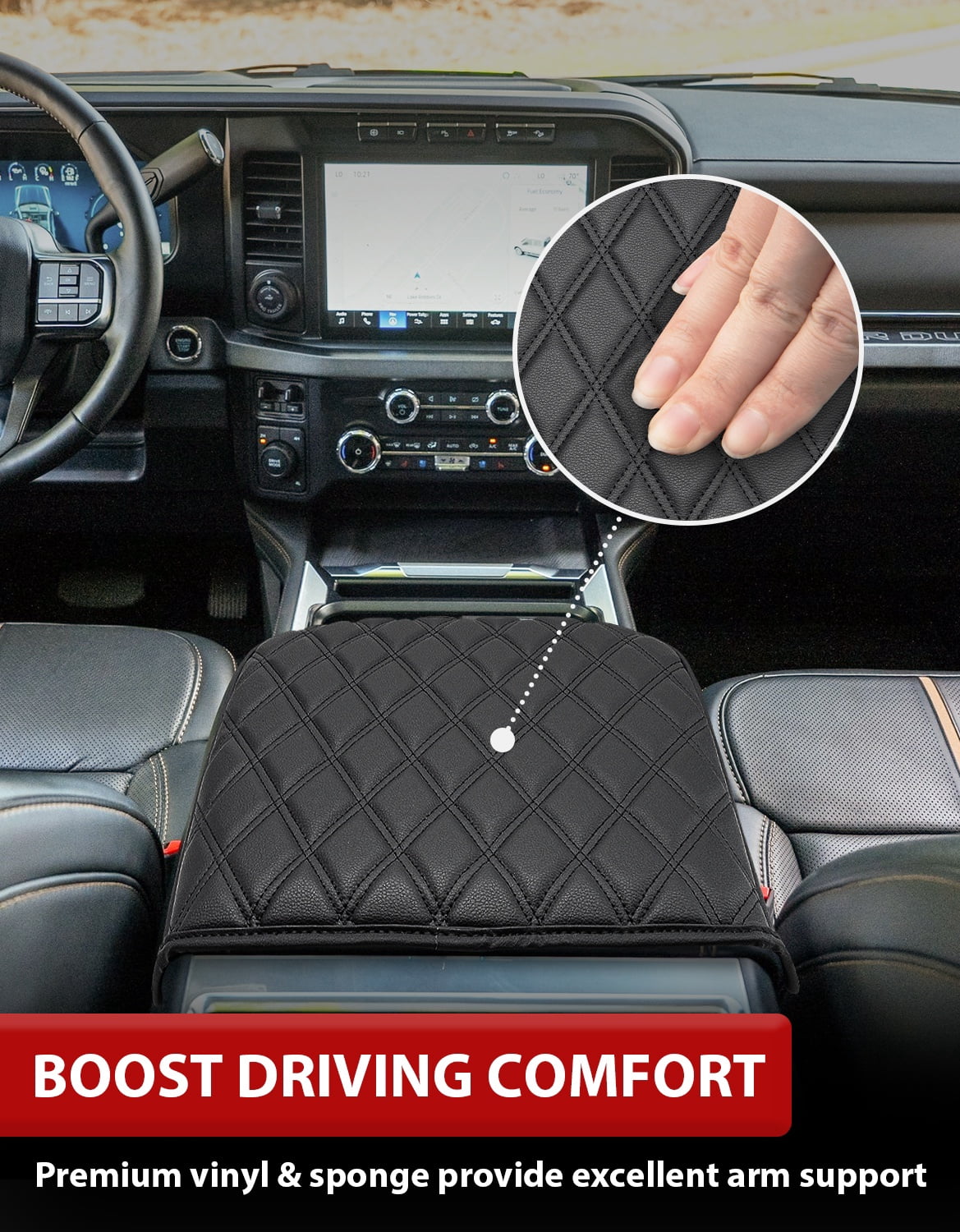 KBH Center Console Cover for Ford F250 F350 F450 F550 Super Duty 2023-2026, Black Leather Arm Rest Lid Box Covering Cushion Pad for Ford Accessories (Bucket Seat Only)
