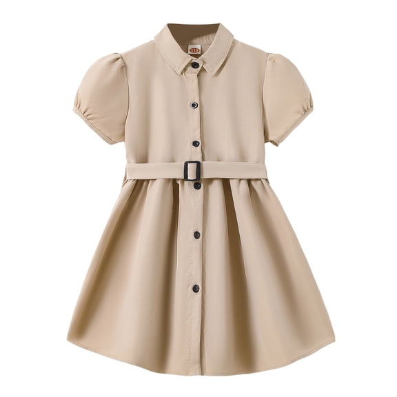 Girls School Uniform Shirt Dress, Puff Short Sleeve Lapel Collar A-Line Midi Dress with Matching Belt, Solid Color Preppy Outfit for Back to School Daily Outdoor Wear(Khaki,6-7 Years)