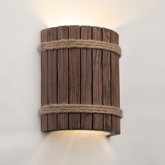 Vintage Rustic Wood Barrel Wall Lamp | Hemp Rope Farmhouse Decor(No Bulbs)