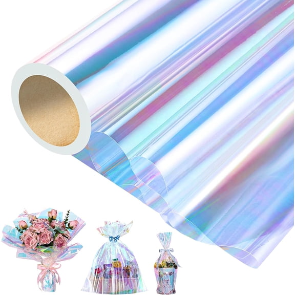 YANTONG Iridescent Cellophane Wrap for Gift Baskets 82 Ft X 17 In Cellophane Wrap Roll Gift Basket Wrapping Plastic for Baby Shower Graduation Gifts Candy Treats Flower DIY Crafts (Iridescent Blue)