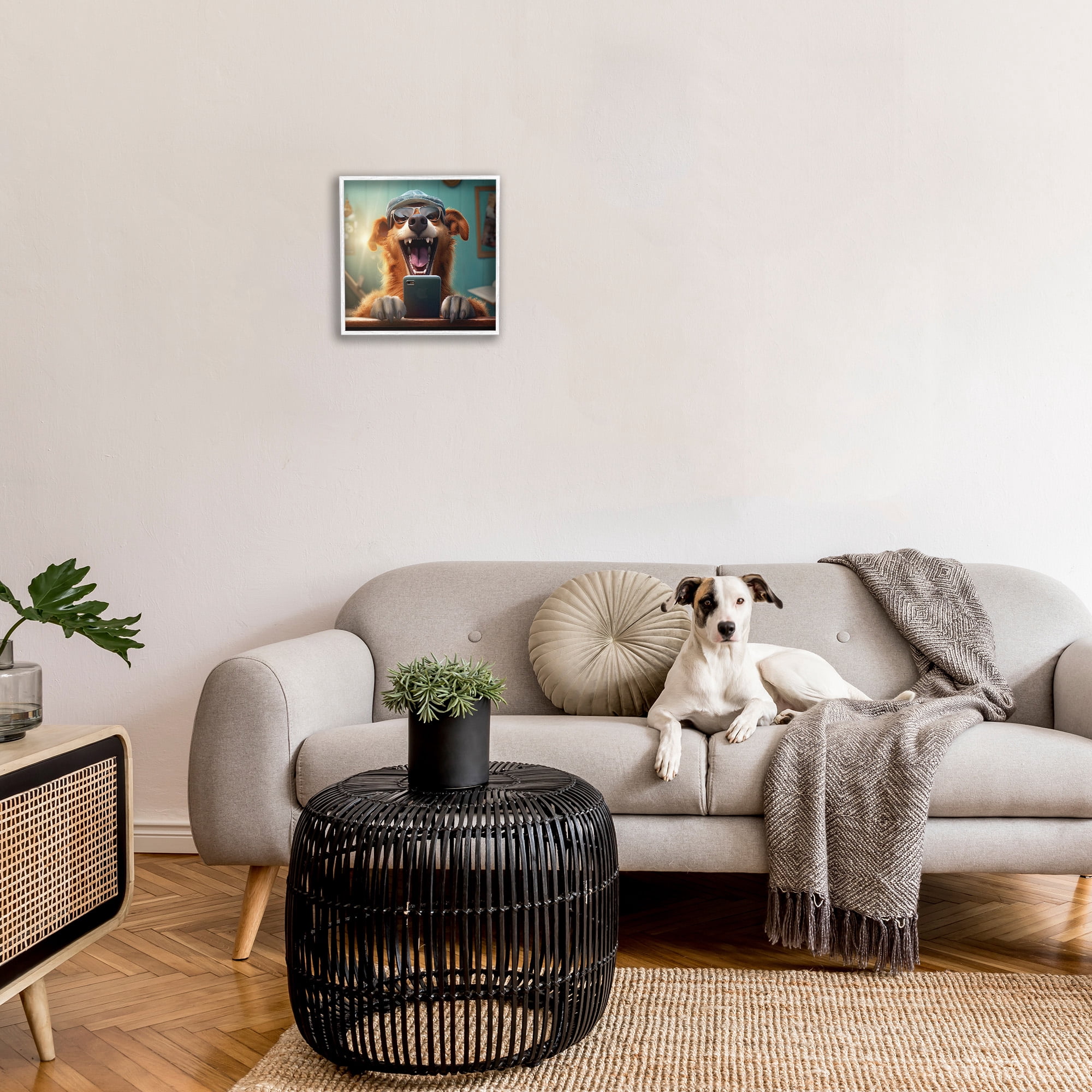 Stupell Industries Happy Dog on Cell Phone Animals & Insects Painting White Framed Art Print Wall Art, 17 x 17