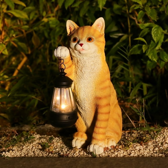 Cat Statue Garden Decor with LED Lantern for Outside -Resin patio Art Gift for lover,Cat Statues for Garden,Patio,Yard Decoration