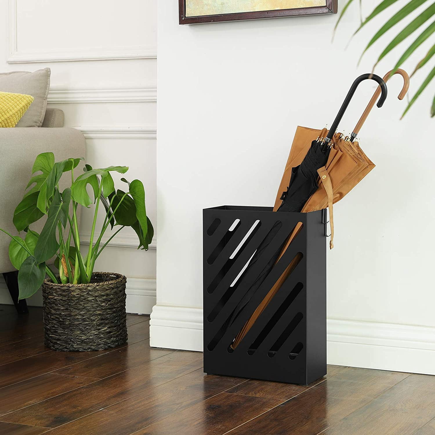 Metal Umbrella Stand, Rectangular Umbrella Holder Rack, with a Removable Drip Tray, 4 Hooks, Hollow-Out Design, for Entryway, Office, Black ULUC03BK