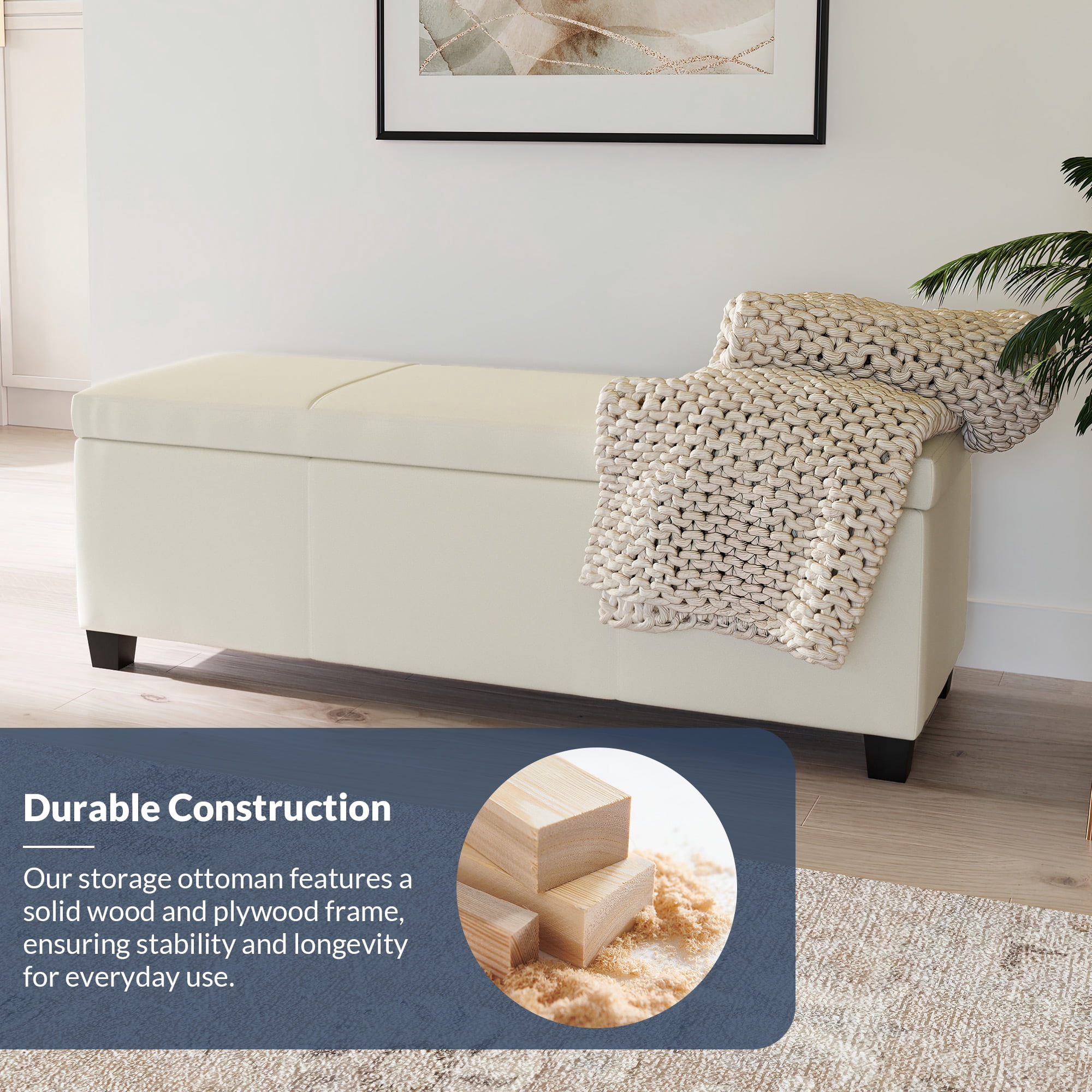 BELLEZE Storage Ottoman Bench Footstool - Amherst (Cream)