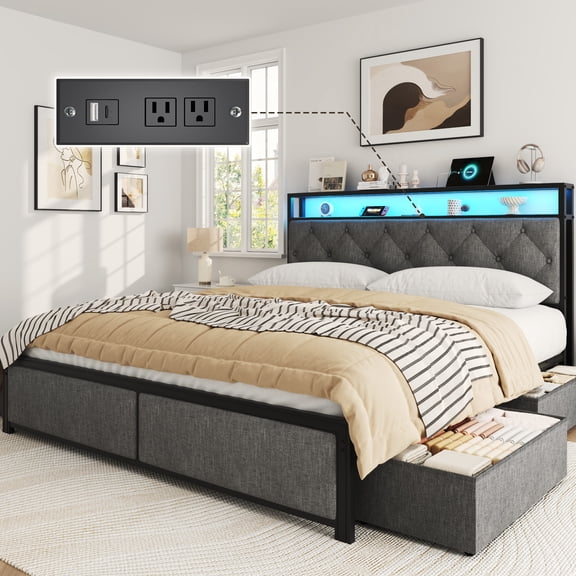 Isvyn Queen Bed Frame with 4 Storage Drawers, LED & Charging Station, Upholstered Tufted Headboard, No Box Spring Needed, Gray