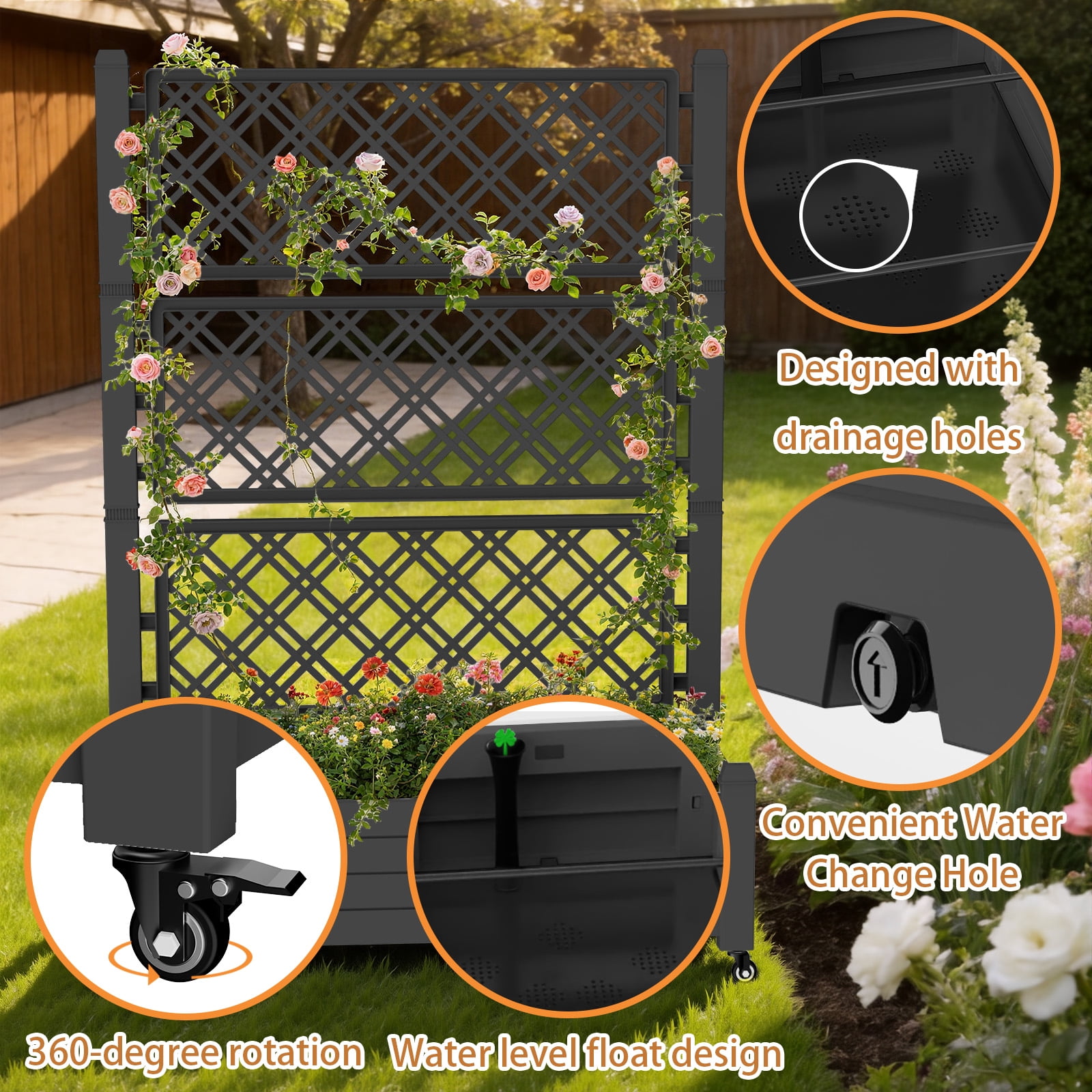 Fazzn Raised Garden Bed with Trellis, Large Outdoor Planter Trellis Box with Drainage Holes and Wheels for Climbing Plants.(Black）