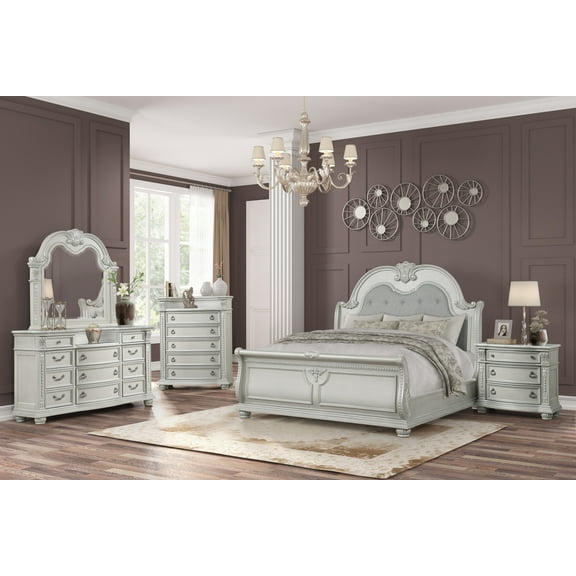 Traditional 6pc King Tufted Bed Set Light Gray Formal Bedroom Furniture