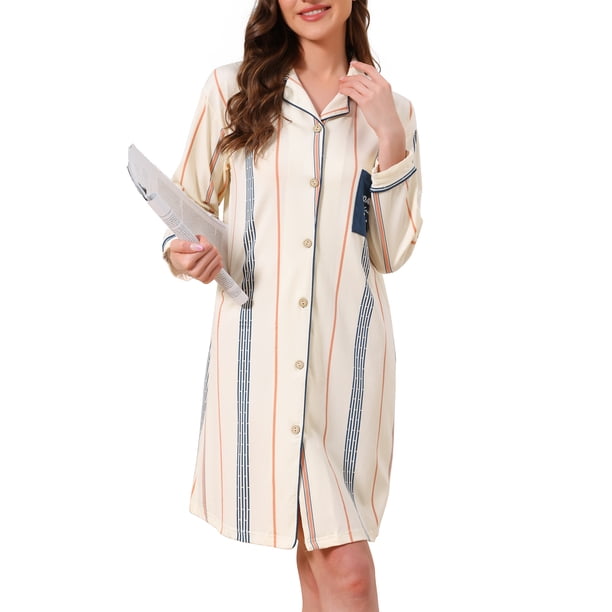 INSPIRE CHIC Vestido de Noche para Mujeres Camisón a Rayas con Botones de Manga Larga V-Cuello y Cuello Nortch con Bolsillo S Rayas Azules