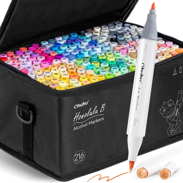 Juego de rotuladores Ohuhu a base de alcohol, 216 colores, con funda