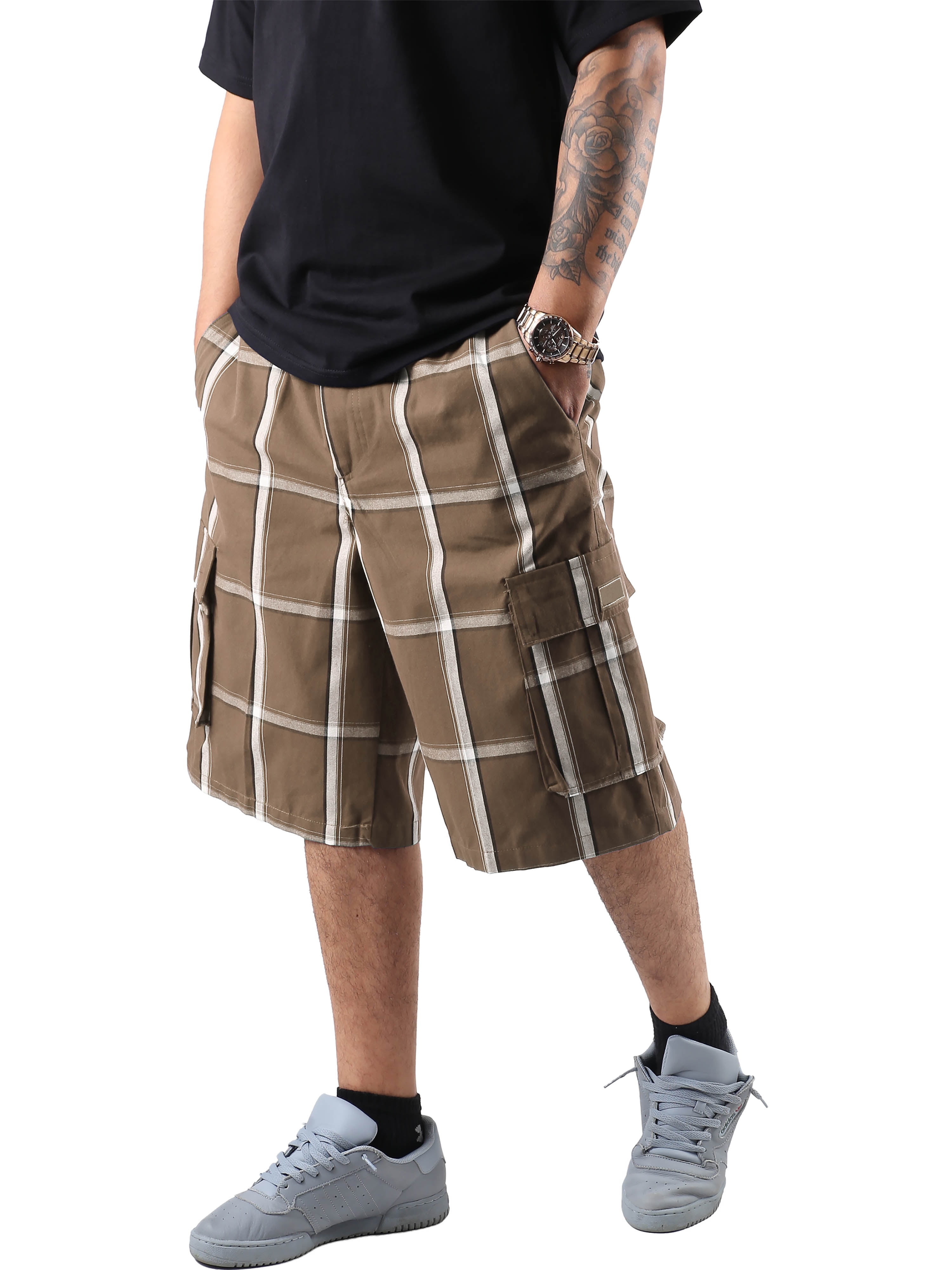 Shaka Plaid Cargo Shorts for Men 60% Cotton 40% Poly Eastic with String woven 