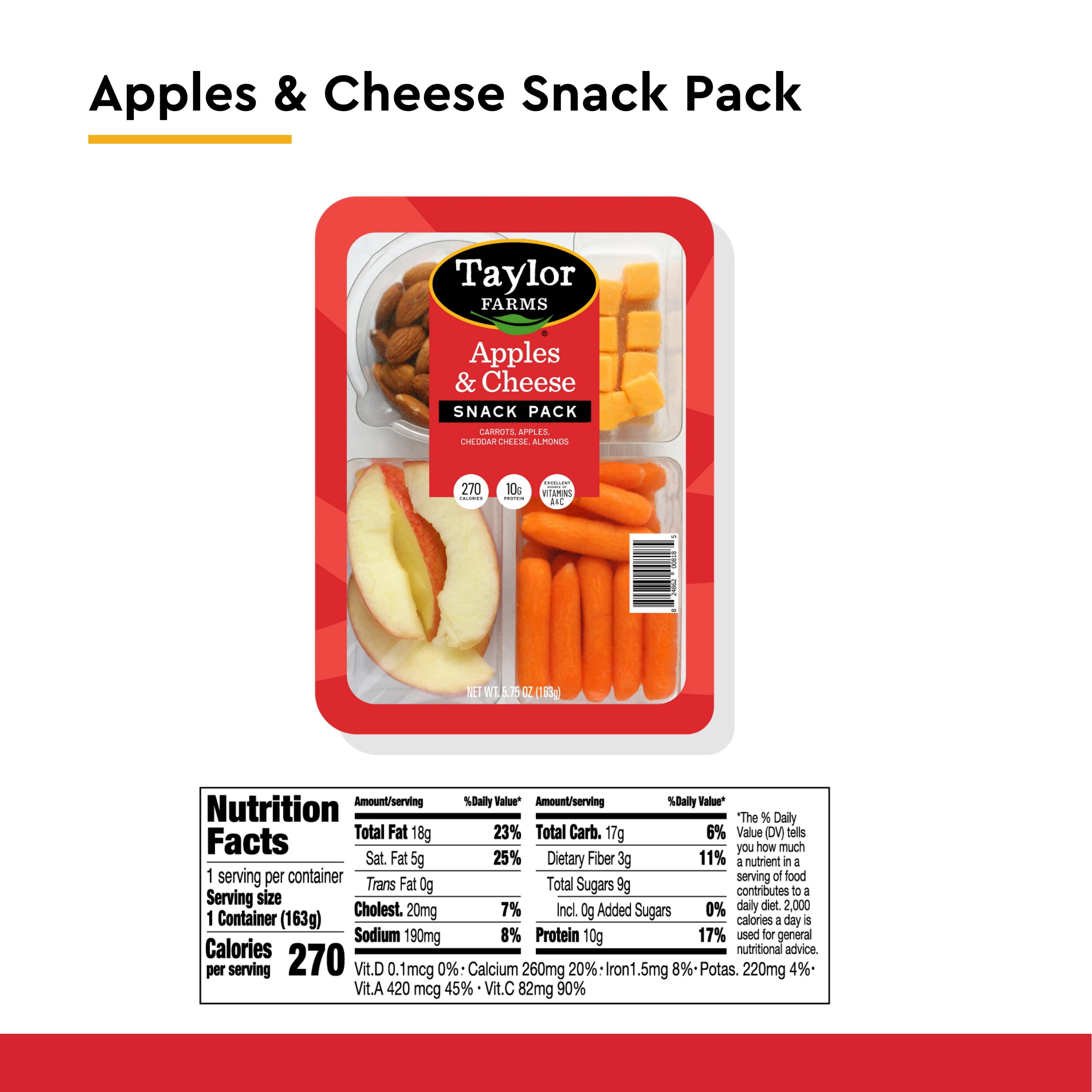 Taylor Farms Refrigerated Snack Tray with Apples, Almonds, Cheese, Carrots & Ranch Dip, 6.5 oz, Fresh