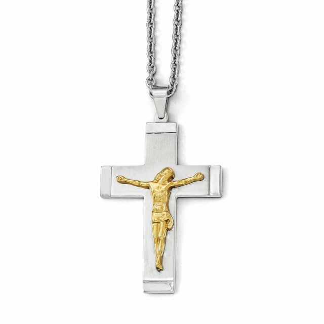 Stainless Steel Brushed, Polished Yellow IP-plated Crucifix Necklace 20 Inch