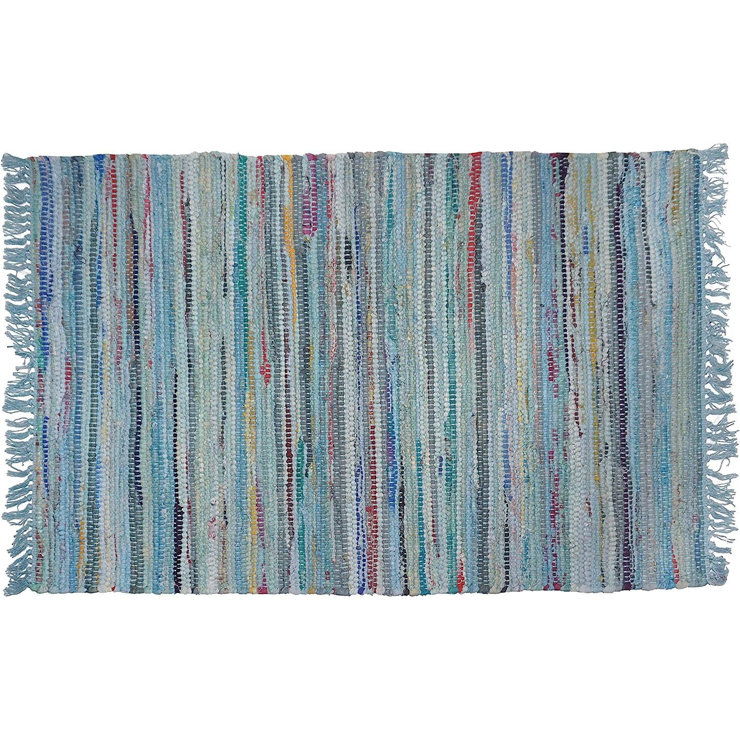 WBTAYB 2' x 3' Cotton Rag Throw Rug in Light Blue, Hand Woven, Cotton
