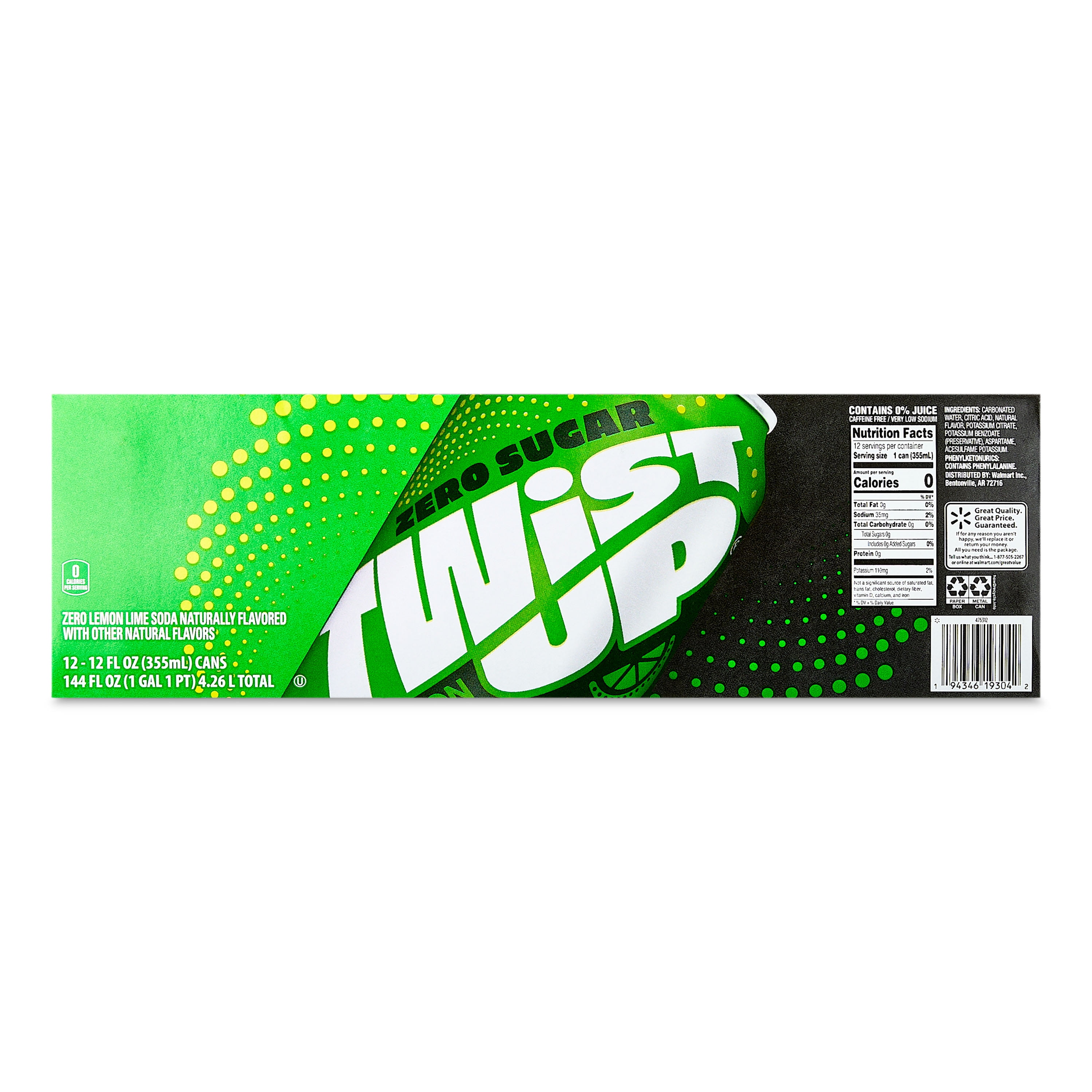 (2 pack) Great Value Twist Up Zero Sugar Lemon Lime Soda Pop, 12 fl oz, 12 Pack Cans