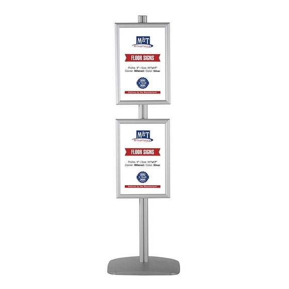 M&T Displays Free Standing Advertising Display Stand with 2 x (11x17) Front Loading Snap Frame in Portrait and Landscape Position, Single Sided (Silver)
