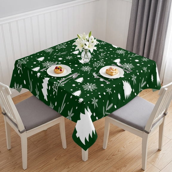 Green Christmas Table Cloth Waterproof Tablecloths, Xmas Tree Snowflakes Winter Holiday Tablecloth Dining Table Cover for Kitchen Party Tabletop Outdoor, Square Tablecloth 60x60 Inch