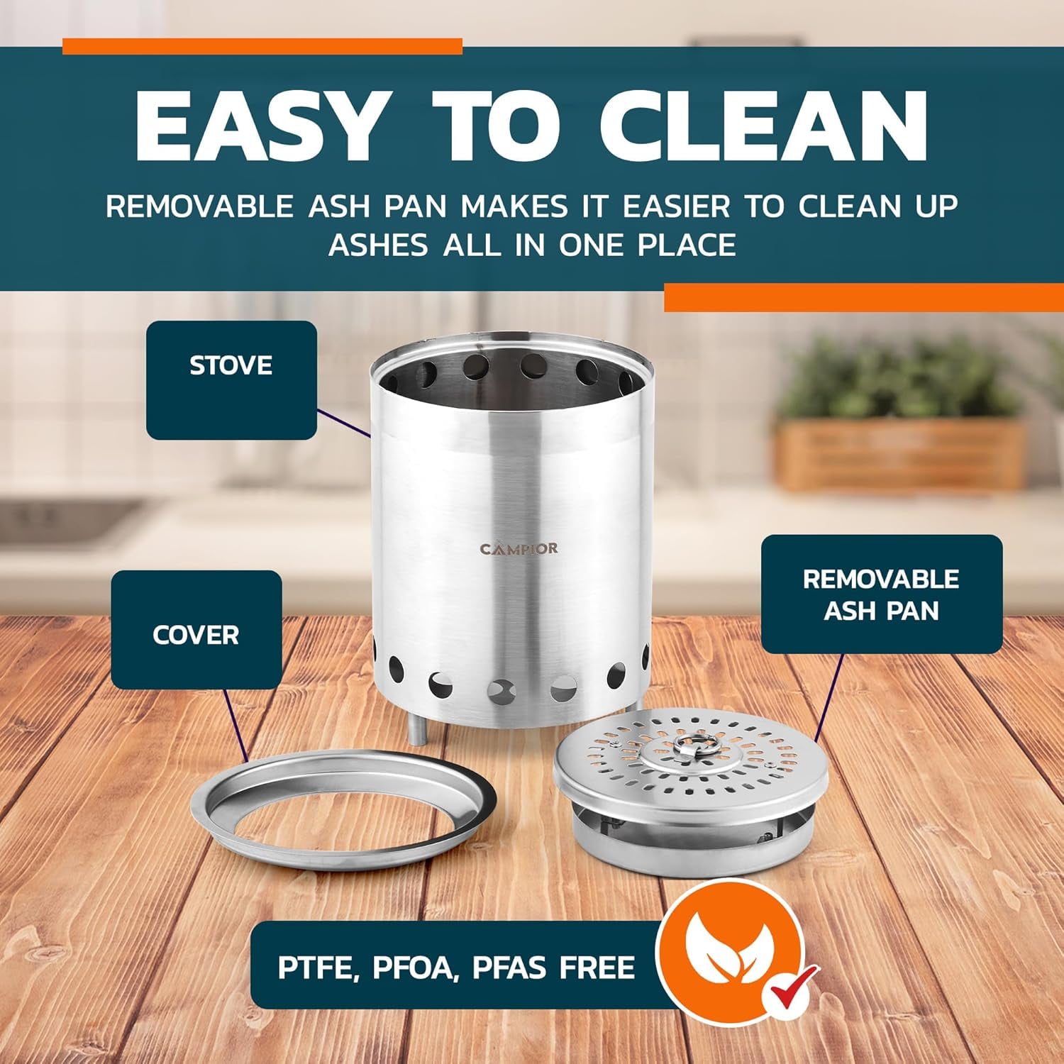 Campior Smokeless Wood Burning Fire Pit Stove, Stainless Steel with Ash Pan, Stand & Carry Bag - 6 Inch Silver