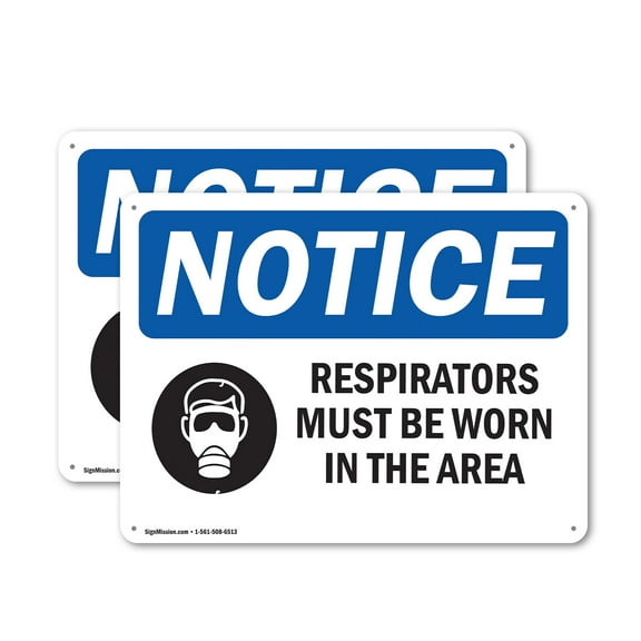 (2 Pack) Respirators Must Be Worn In This Area OSHA Notice Sign 10 Inch X 7 Inch Indoor / Outdoor Rust-Free Aluminum Metal Signs for Workplace, Workshop, and Construction Site, Made in