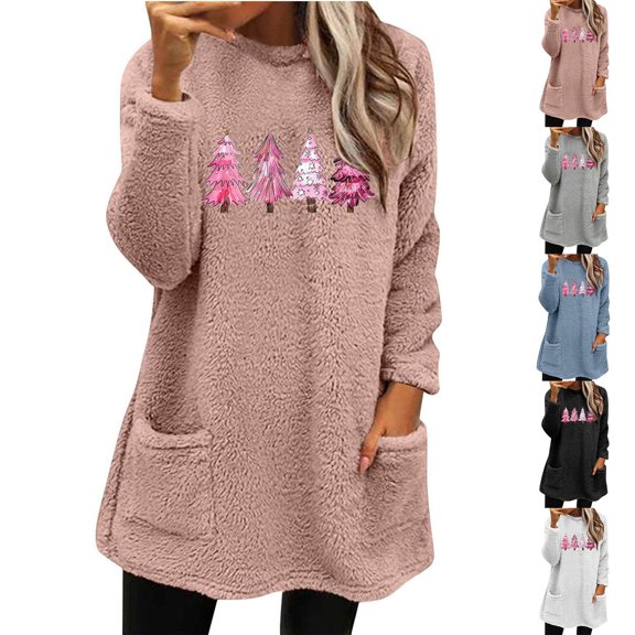 Feancey Christmas Pajamas for Women Fleece Thermal Loungewear Trendy Xmas Tree Print Crewneck Pullovers Comfy Fuzzy Sweatshirt Tops with Pockets Black M