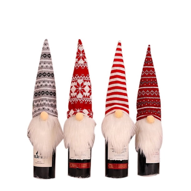 Juego de 4 fundas para botellas de vino de gnomo navideño, gnomos de Tomte suecos hechos a mano, decoraciones decorativas para botellas de vino, Papá Noel escandinavo, decoraciones navideñas de Año Nuevo, decoración de mesa de comedor, regalo de fiesta Rojo Verde