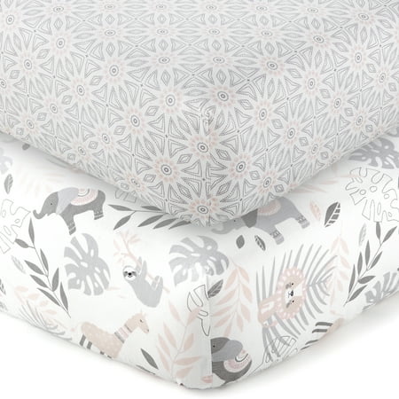 UPC: 0190945094391 | Levtex Baby – Imani Crib Fitted Sheet Set of 2 – Fits Standard Crib and Toddler Mattress – Tossed Animals / Medallions – Pink Grey Taupe White – Nursery Accessories – 100% Cotton
