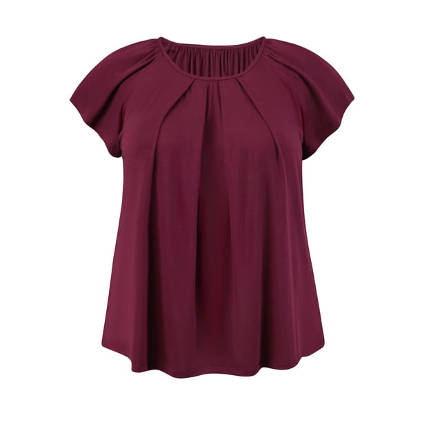 GRACE & GRANDEUR Blusa de Verano de Talla Grande para Mujeres del Día de San Patricio con Dobladillo Curvado Plisado y Mangas con Volantes Cuello Redondo Tops Sueltos 4X Púrpura