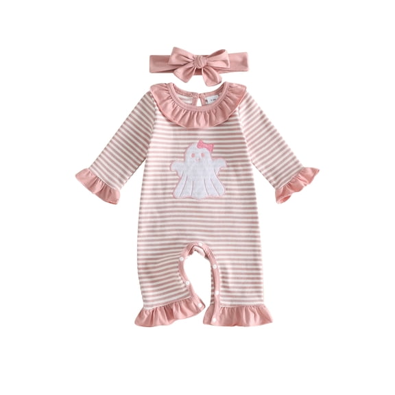 RUINIXCW Baby Girl Halloween Romper Ghost Embroidery Stripe Long Sleeve Bodysuits