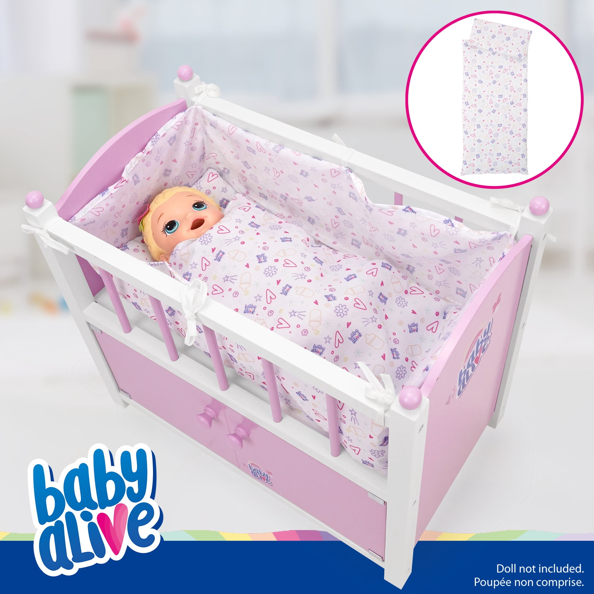 509 Crew: Baby Alive - 2-In-1 Wooden Doll Crib - Pink-White-Purple, Built-In Storage Cabinet, Pillow-Blanket, Doll-Plush Sleep Accessory Toy, Kids 3+
