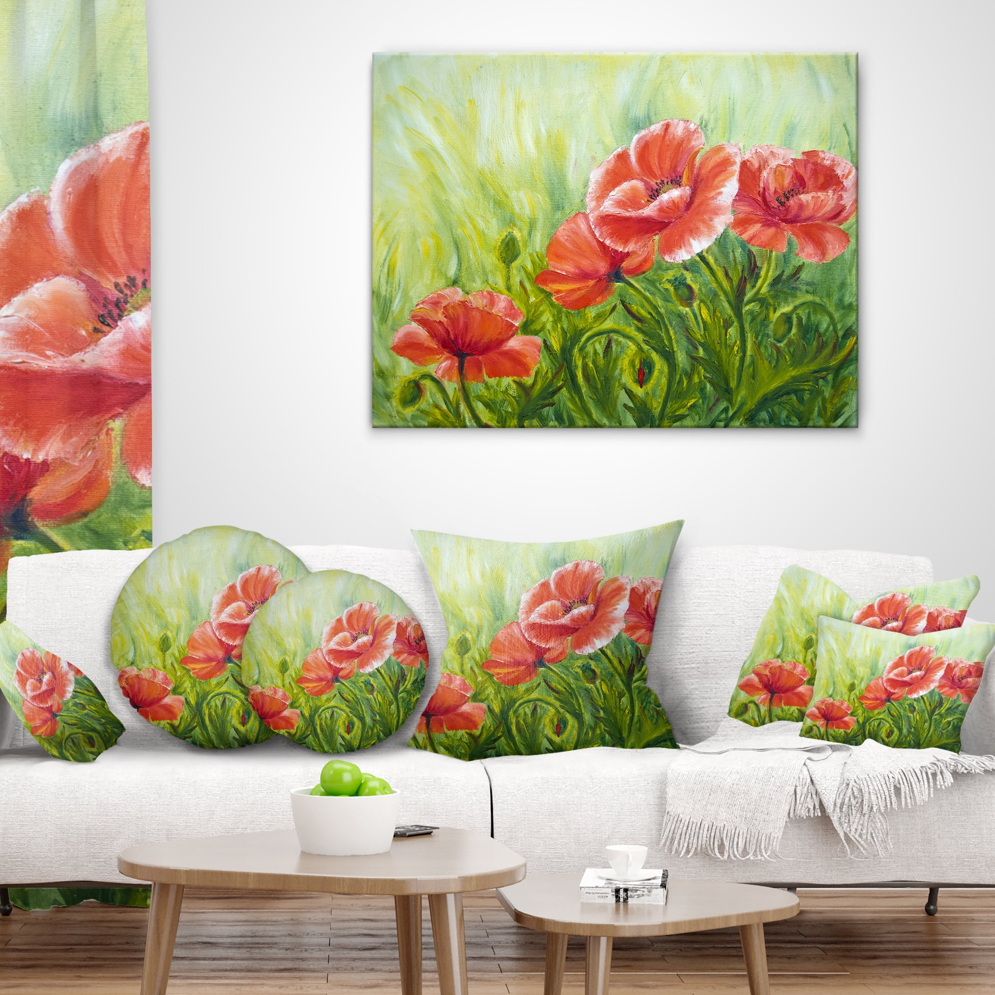 Designart Blooming Poppies with Green Leaves - Floral Throw Pillow - 18x18