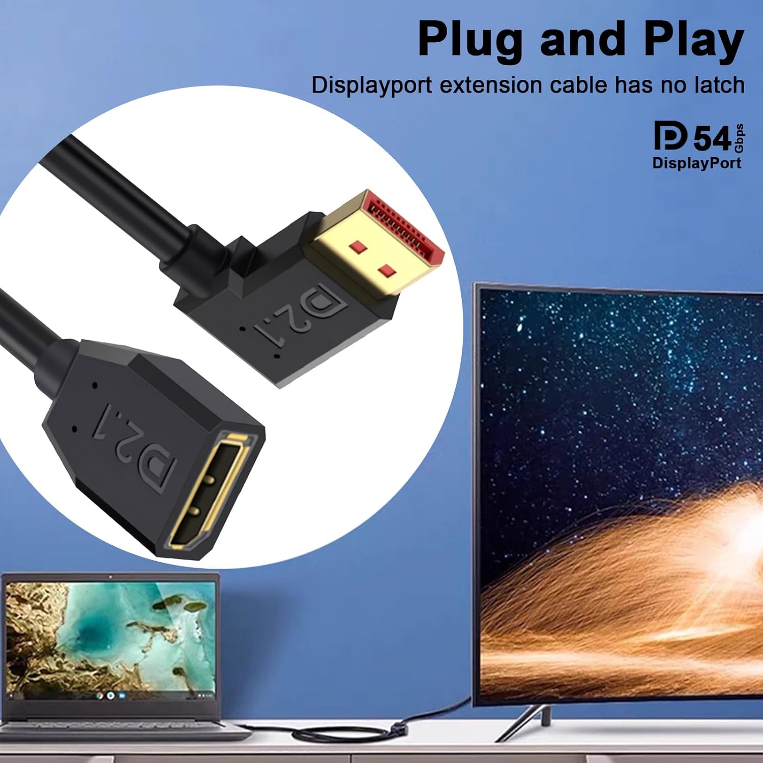 JJEAN-54Gbps Displayport Extension Cable 1.5FT, 90 Degree Right Angle Displayport 2.1 Male to Female Cable Support for 16K@30Hz, 8K@120Hz, 4K@240Hz 165Hz, HDR, HDCP, Gaming Monitor, TV, Graphics