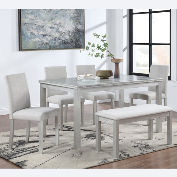 6 Piece Wooden Dining Table Set, Wooden Dining Table with 4 Upholstered Chairs and Bench for 6 People, Rectangular Dining Table Set with Crystal Decoration for Kitchen, Dining Room, Silver grey
