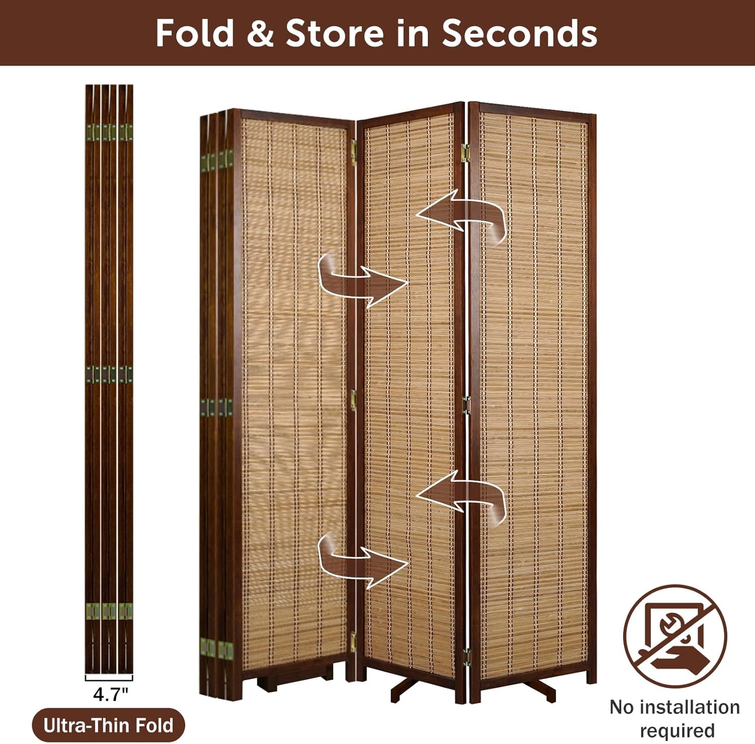 Olela Room Divider Bamboo, 6 Panels Folding Screens for Privacy, 5.4ft Height Wall Divider for Room Separation, Freestanding Privacy Partition for Living Room, Bedroom & Office,64" H x 92" W