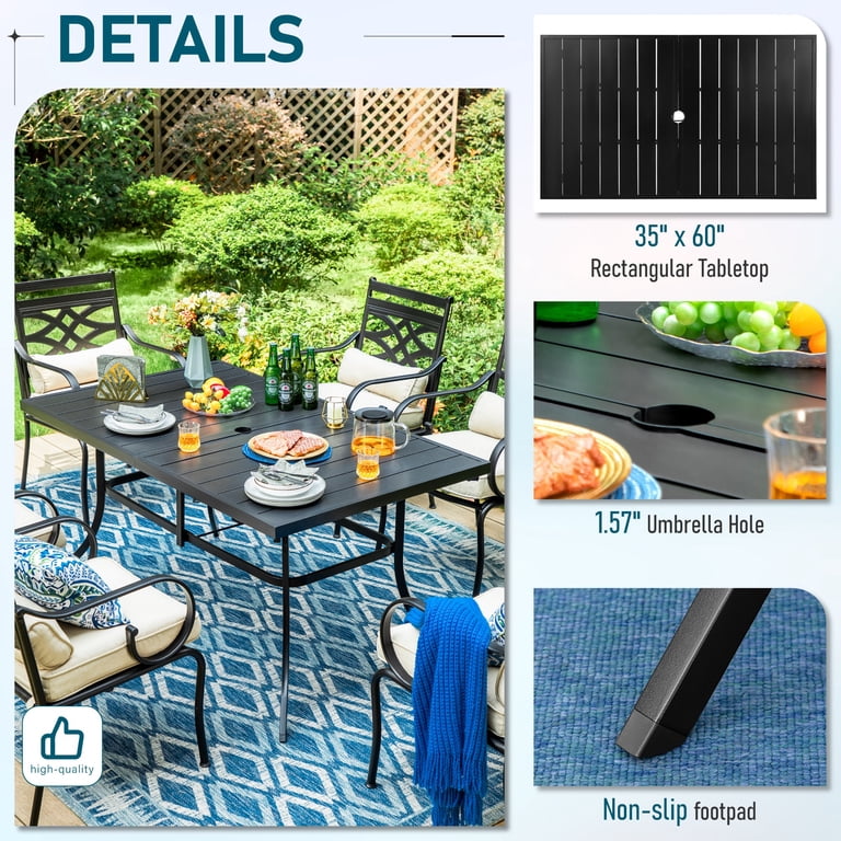 green patio furniture and navy umbrella PHI VILLA Dining Set with Umbrella, Outdoor Dining Set for 6, Black Foldable Chairs with Adjustable Backrest & Metal Table for Garden Deck (Navy Blue Without Base) 8 Sturdy Fiberglass Ribs Sophia & William 8-Piece Outdoor