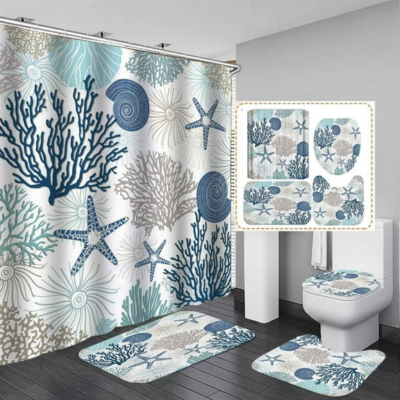 4PCS Red Octopus Shower Curtain Sets with Rugs, Waterproof Fabric White Shower Curtain, Funny Sea Monster Kraken Tentacles Ocean Animal Beach Coastal Nautical Bathroom Decor, Octopus Decor