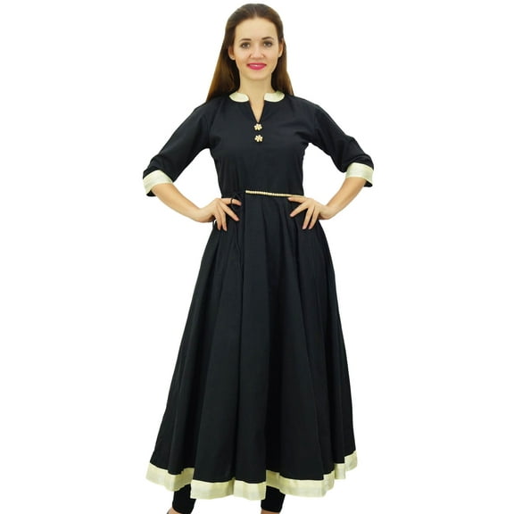 Bimba Women's Indian Ethnic Cotton Kurta Long Anarkali Kurti With Wooden Beaded String Belt, Black, 4