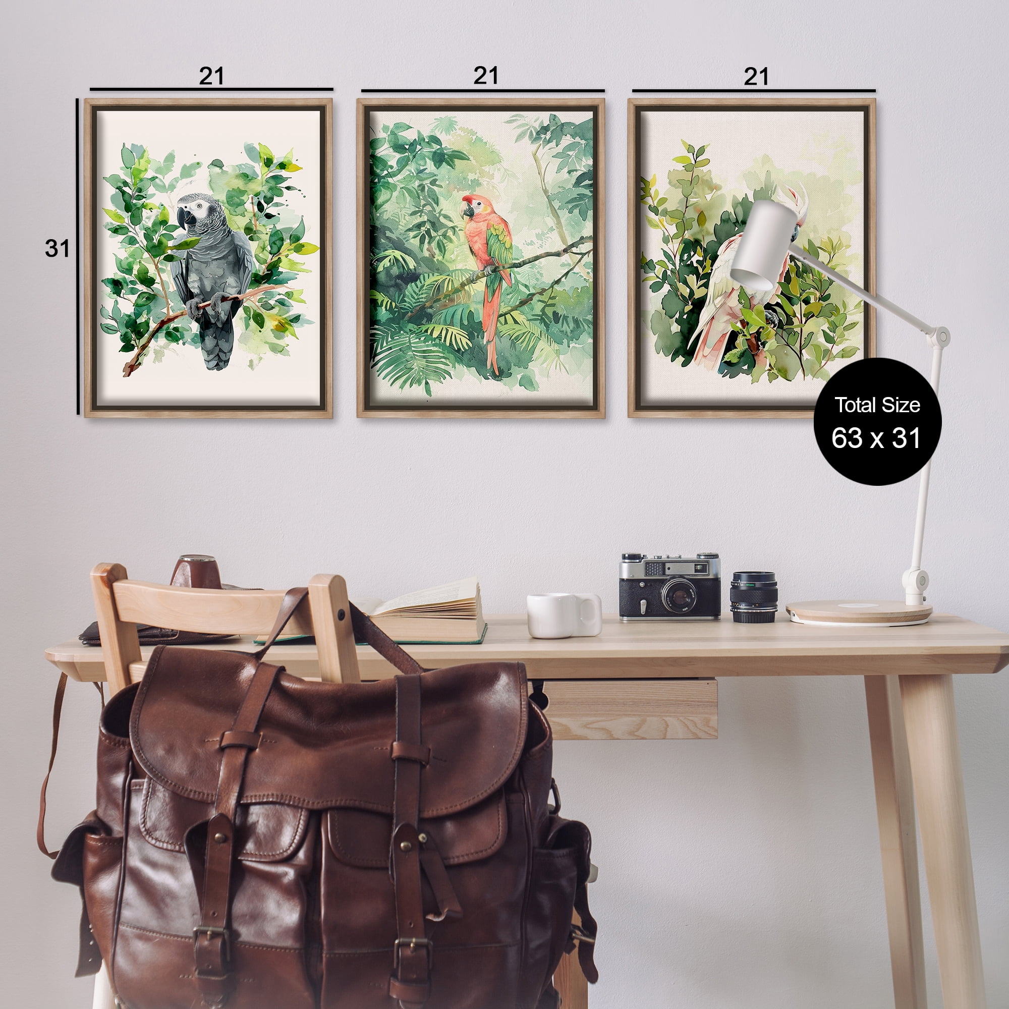 Stupell Industries Tropical Parrots in Jungle Animals Painting Brown Floater Framed Canvas Art Print Wall Art, 21 x 31, Set of 3