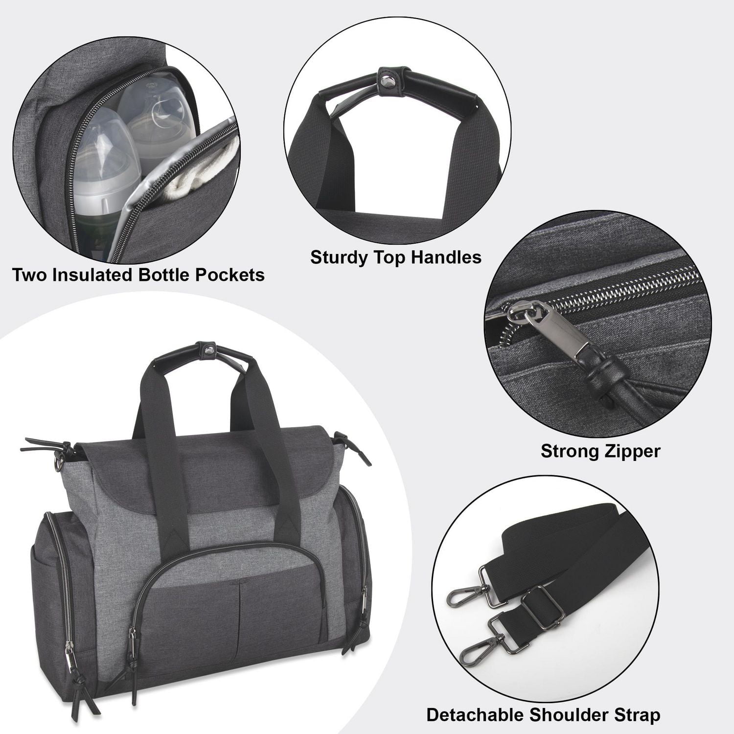 Baby Essentials 2 in 1 Convertible Multi-Pocket Baby Diaper Duffle Bag Tote with Magnetic Closure, Insulated Bottle Pockets, Foldable Diaper Changing Pad and Removable Shoulder Strap, grey, 14 pockets