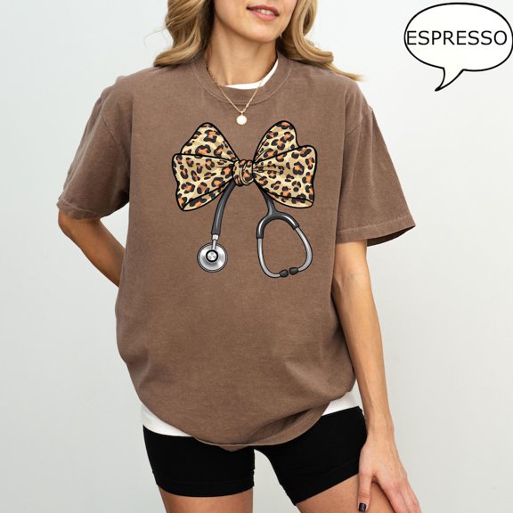 Leopard Stethoscope Nurse Tee, Coquette Bow, Nurse Gift