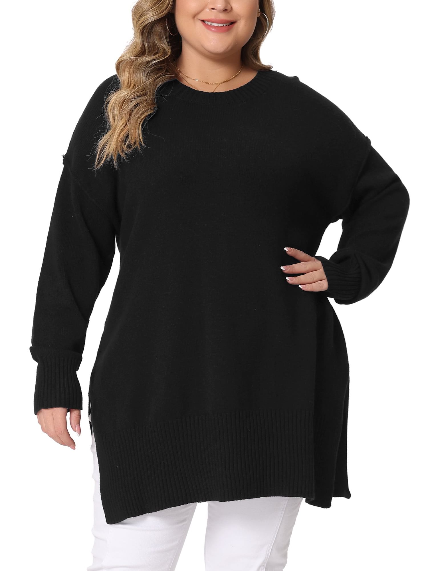 DARING DIVA Women's Plus Crew Neck Long Sleeve Slit Hem Pullover Sweater 5X Black