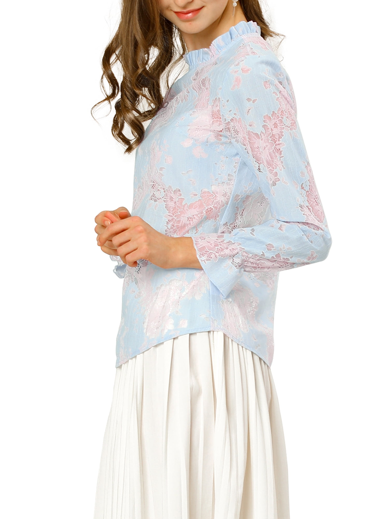 Unique Bargains Women's Floral Chroect Lace See Through Color Block Blouse