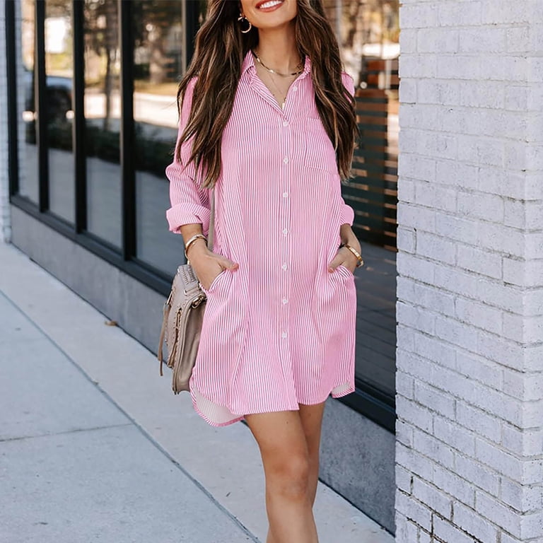 Womens Button Down Shirt Dresses with Pockets Cotton Striped Shirts  Collared Tunics Long Sleeve High Low Blouse Tops Pink S - Walmart.com