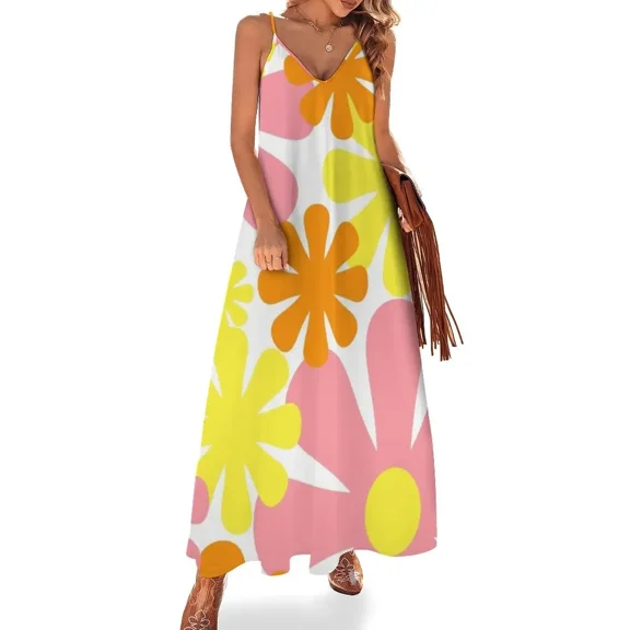 Retro 60s 70s Flowers Vintage Style Floral Pattern Yellow Orange White Sleeveless Dress summer dresses ladies02 Dress