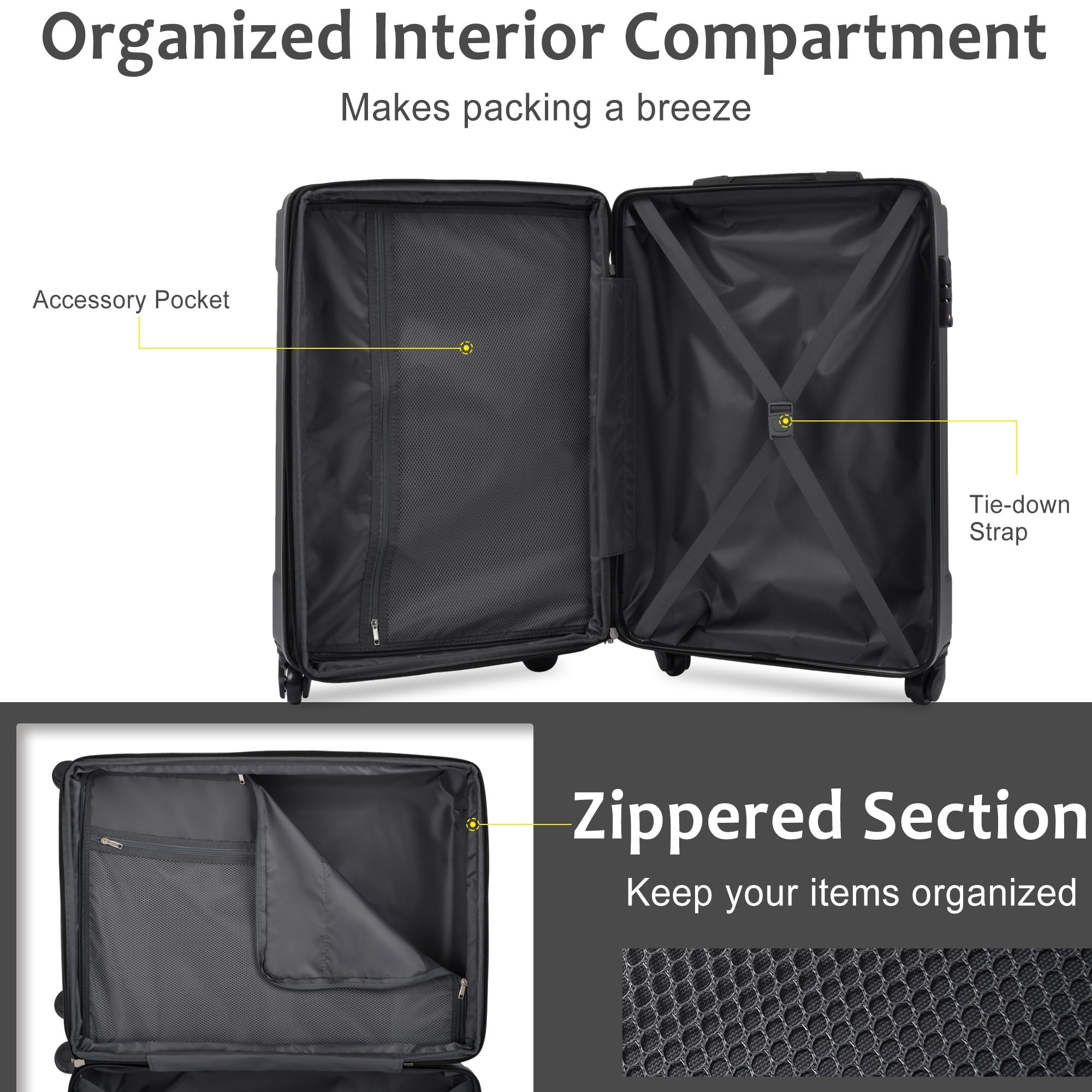 Euroco Carry-On Luggage Sets 3 Piece,ABS Lightweight Suitcase with Spinner Wheels, TSA Lock & 2 Packing Cubes,20 Inch Hardshell Airline Approved Luggage for Men Women Travel,Black