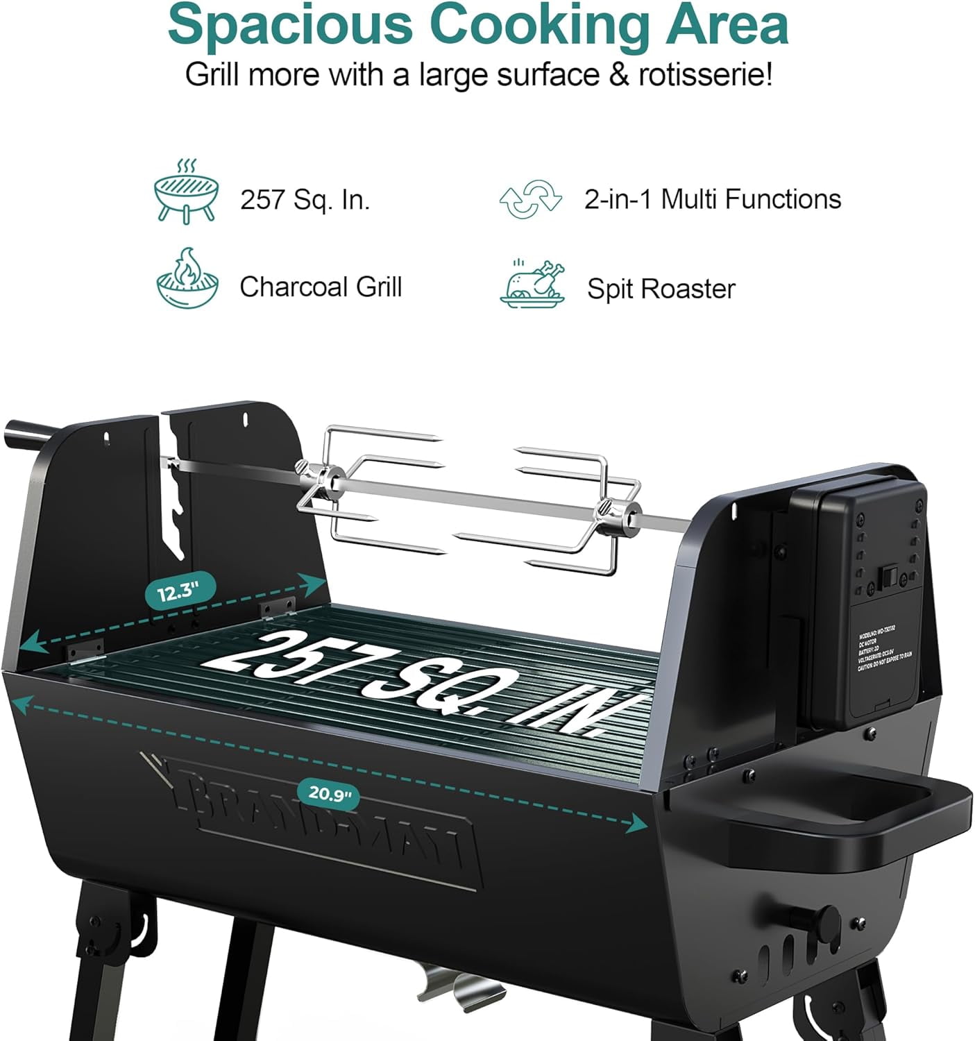 Brandman Grills Portable 2-in-1 Charcoal Rotisserie Grill with Spit Roaster & Motor, BBQ Outdoor Cooking