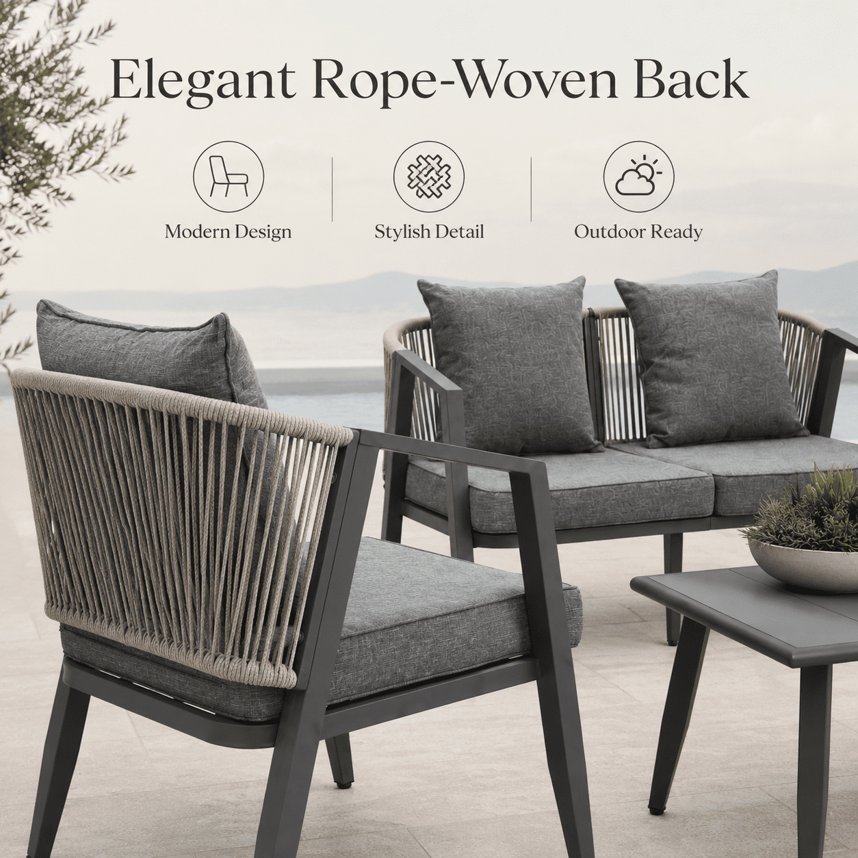 Patio Furniture Set on Sale, 4-Piece Outdoor Conversation Set with Thickened Cushions, Heavy-duty Iron Frame Sectional Sofa Set with Steel Coffee Table for Patio, Lawn, Garden, Balcony & Poolside