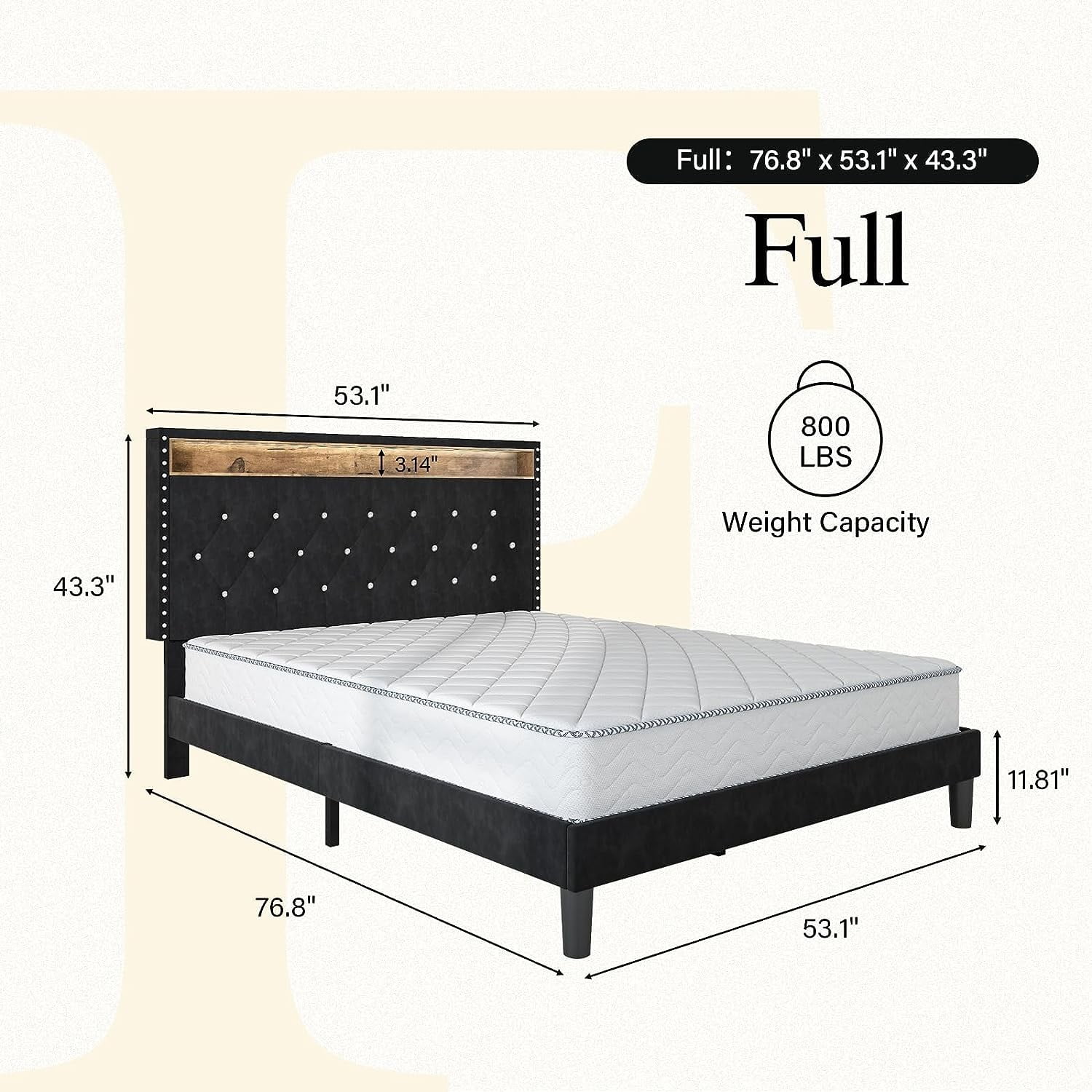 4 EVER WINNER Full Size Bed Frame with Storage Headboard, Velvet Upholstered Bed Frame with LED Light, Black Full Bed Frame with Charge Station, Black