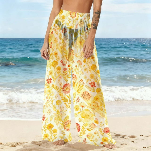 Pantalones de playa de gasa ligeros para mujer con protección solar, pantalones anchos de estilo bohemio estampados, blusa para mujer