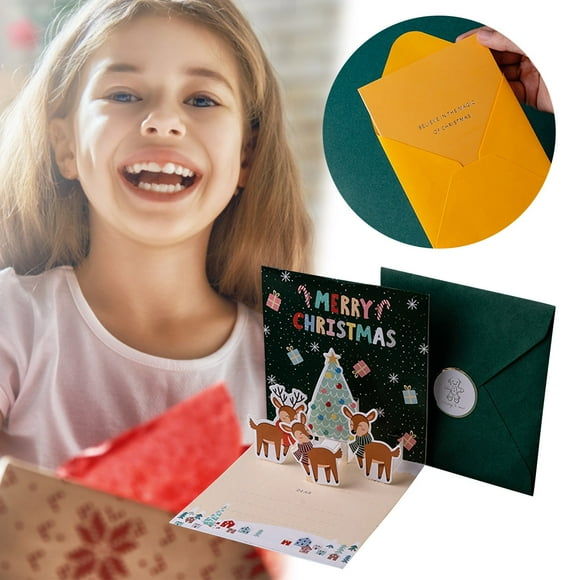 Carte de Vœux, Carte de Vœux de Fête Cartes de Noël 4.3x4.3 Pouces Petite Carte avec Enveloppes Autocollants 3D Mignonnes Cartes de Vœux de Vacances Père Noël Bonhomme de Neige Renne Arbre de Noël pour Enfants