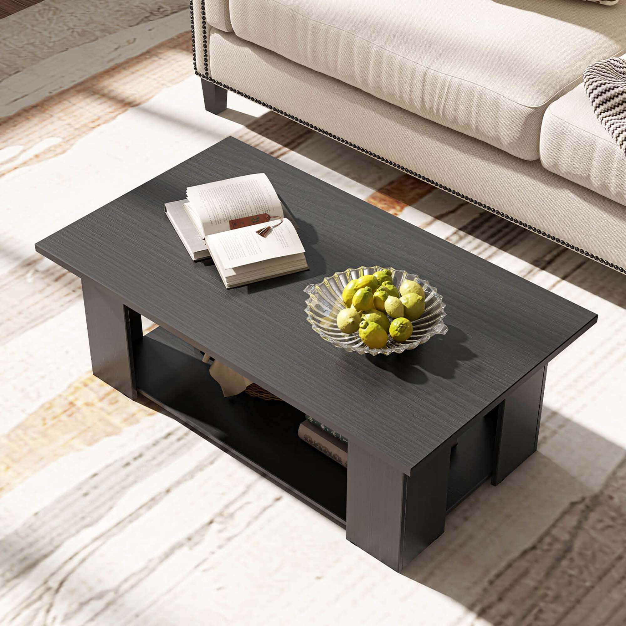 Costway Coffee Table 2-Tier Modern Center Cocktail Table with Storage Shelf for Living Room Black